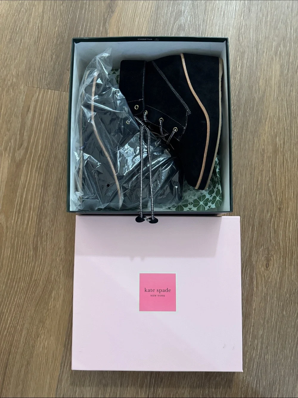 kate spade Black Suede Lace-Up Wedge Ankle Boots with Tan Trim
